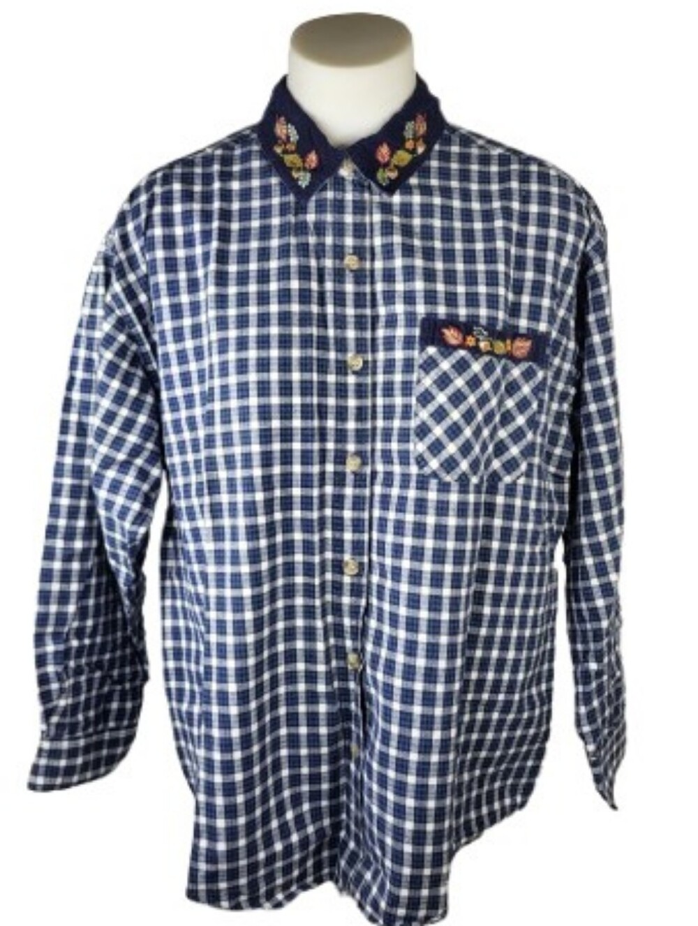 Basic Editions Blue Checkered Button Down Top Sz Lg